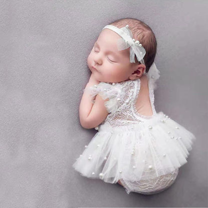 Picture of Zeroest Newborn Photography Outfits Girl Lace Romper Newborn Photography Props Rompers Baby Girls Skirt Photoshoot 3PCS (White-Short Sleeve)