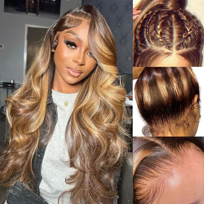 Picture of 360 Highlight Ombre Lace Front Wigs Human Hair 24 Inch Honey Blonde Body Wave Lace Front Wig 180 Density Pre Plucked 360 HD Transparent Lace Front Human Hair Wigs for women 4/27 Colored Human Hair Wig Highlight Lace Front Wigs Human Hair