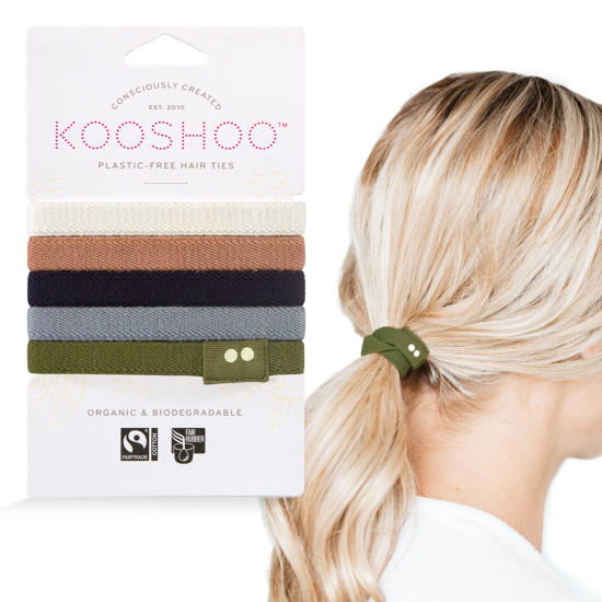 Picture of KOOSHOO Plastic-Free Flat Hair Ties - Organic Cotton Hair Ties For Girls, Hair Ties For Thick Hair. No-Damage Hair Ties Made from Plants For Women, Toddlers, & Babies. Hair Accessories for Women. 5ct