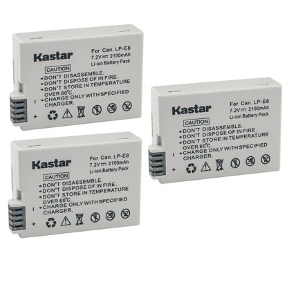 Picture of Kastar 3-Pack Battery Replacement for Can LP-E8, LPE8 Battery, LC-E8E Charger, EOS 550D, EOS 600D, EOS 700D, EOS Rebel T2i, EOS Rebel T3i, EOS Rebel T4i, EOS Rebel T5i Camera and BG-E8 Grip