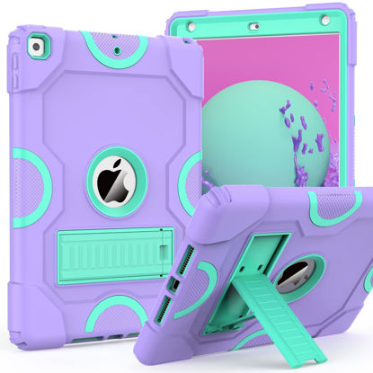 Picture of ZoneFoker Case For iPad 9th Generation, iPad 8th 7th Generation, iPad 10.2 Inch 2021/2020/2019 Case, Heavy Duty Rugged Shockproof Protective Cover with Kickstand for Kids Boys Girls Purple/Green