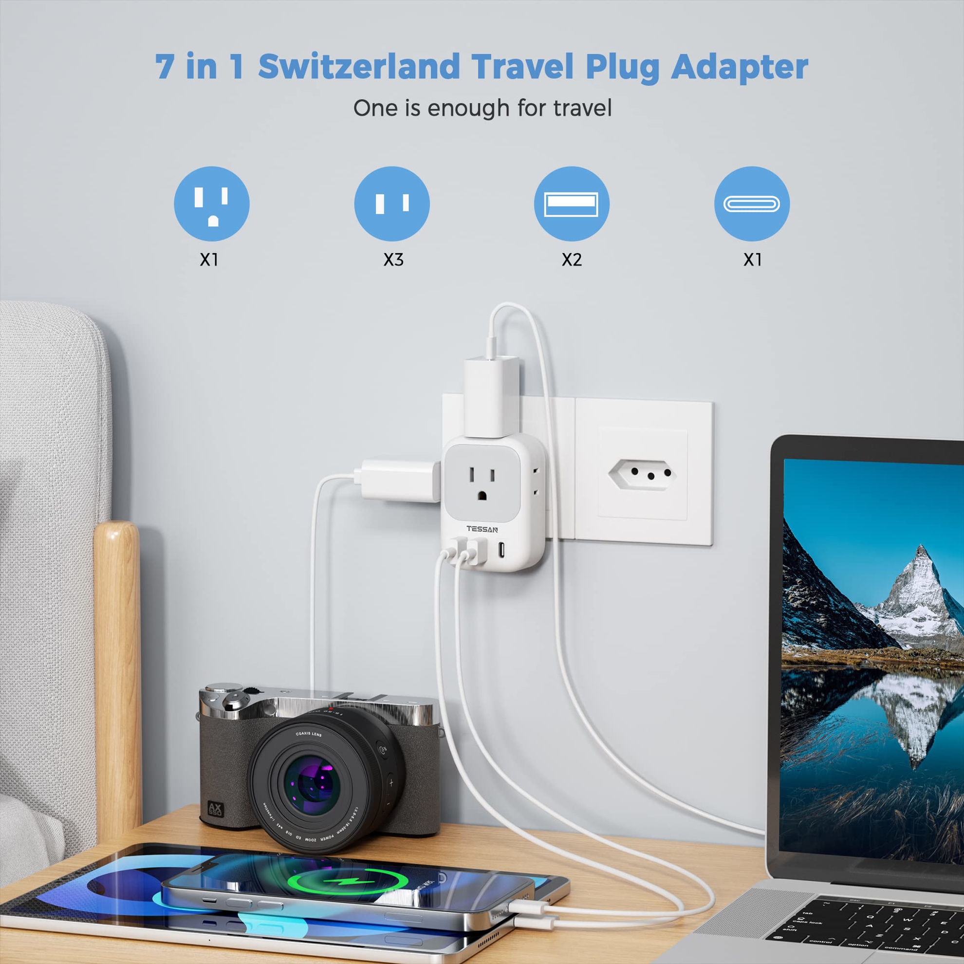 GetUSCart TESSAN Switzerland Power Adapter, Swiss Travel Adaptor with 4 American Outlets 3 USB