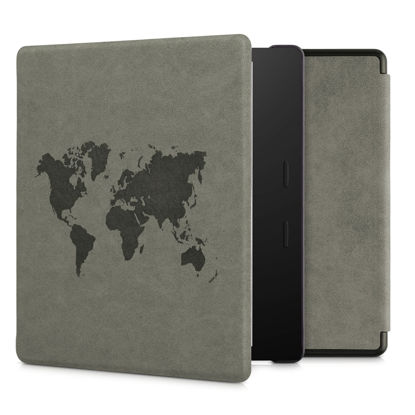 Picture of kwmobile Case Compatible with Amazon Kindle Oasis 10. Generation - Faux Suede Cover - Travel Outline Grey