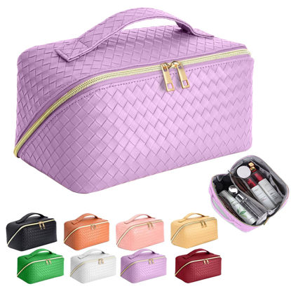 Picture of ZAUKNYA Large Capacity Travel Cosmetic Bag - Makeup Bag, Portable Leather Waterproof Women Travel Makeup Bag Organizer, with Handle and Divider Checkered Cosmetic Bags (Purple)
