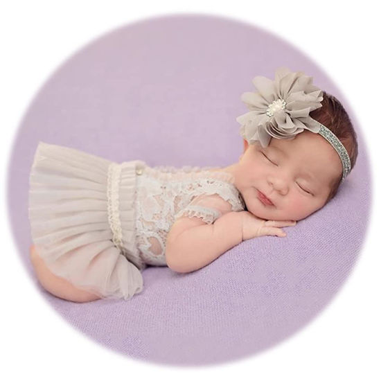 Picture of Zeroest Newborn Photography Outfits Girl Lace Romper Newborn Photography Props Rompers Baby Girls Skirt Photoshoot 3PCS (Silver-Short Sleeve)