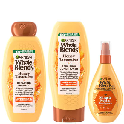Picture of Garnier Whole Blends Honey Treasures Repairing Shampoo, Conditioner + Miracle Nectar Leave-In Set for Dry, Damaged Hair (3 Items), 1 Kit (Packaging May Vary)
