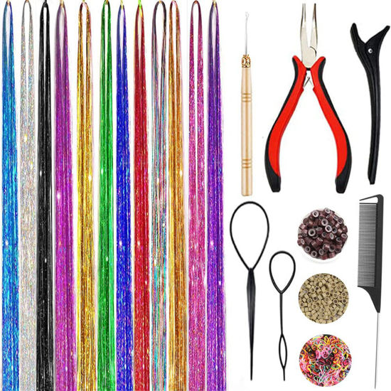 Picture of Hair Tinsel Kit, Fairy Tinsel Hair Extensions With Tool 3200 Strands 12 Colors Holographic Hair Tinsel Heat Resistant Sparkling Hair Glitter for Christmas New Year Party (12 Colors, 3200 Strands 48 Inch)
