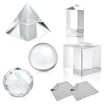 Picture of Akamino 5 Pack K9 Optical Crystal Photography Prism Set,50mm Lens Ball/50 mm Cube/50mm Triangular Prism/50mm Prism Pyramid/ 50mm Crystal Ball for Teaching, Playing, Photography (with 2Pcs Wipe Cloth)