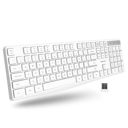 Picture of Macally Wireless Keyboard, 2.4G Ergonomic Full Size White Keyboard with Numeric Keypad & 13 Shortcut Keys - Plug and Play Quiet Cordless Keyboard for Laptop and Windows PC Computer