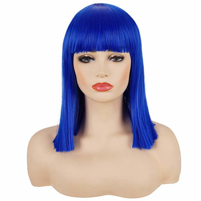Picture of Morvally Short Straight Bob Wig Heat Resistant Hair with Blunt Bangs Natural Looking Cosplay Costume Daily Wigs (14", Blue)