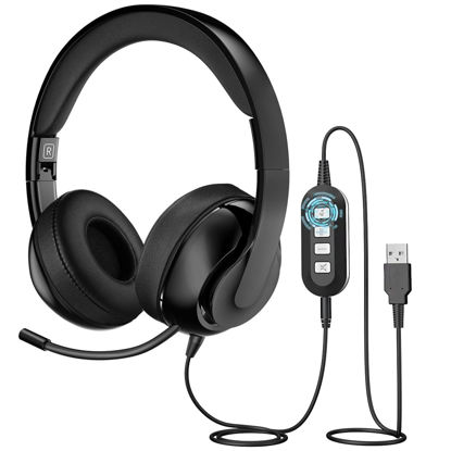Picture of 3.5MM/USB Headset with Microphone, Foldable Computer Headset with Microphone, Audio Controls, Mute Function&Retractable Mic, Ultimate Comfort USB Headset with Microphone for PC, Perfect for Skype