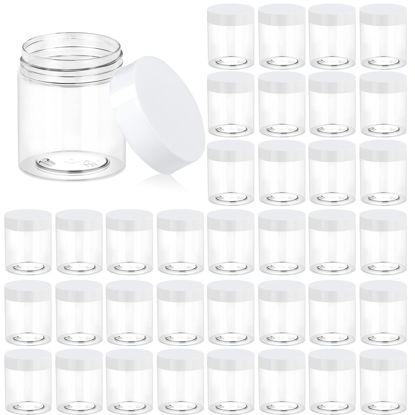 Picture of 36 Pack 3 OZ Plastic Jars Round Clear Cosmetic Container Jars with White Lids, Eternal Moment Plastic Slime Jars for Lotion, Cream, Ointments, Makeup, Eye shadow, Rhinestone, Samples, Pot, Travel Storage