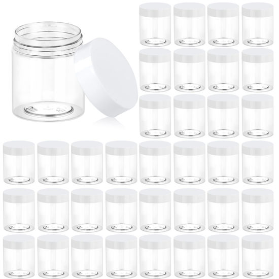 Picture of 36 Pack 3 OZ Plastic Jars Round Clear Cosmetic Container Jars with White Lids, Eternal Moment Plastic Slime Jars for Lotion, Cream, Ointments, Makeup, Eye shadow, Rhinestone, Samples, Pot, Travel Storage