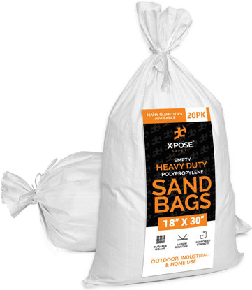 Picture of Empty Sand Bags, with Ties - White 18" x 30" Heavy Duty Woven Polypropylene, UV Sun Protection, Dust, Water and Oil Resistant - Home and Industrial - Floods, Photography and More (Bundle of 20)