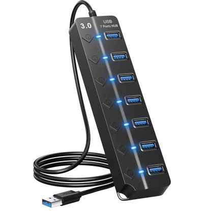 Picture of ONFINIO USB Hub 3.0, 7-Port USB Hub Splitter with Individual On/Off Switches and Lights, 3.2ft/1m Long Cable Compatible with MacBook, Laptop, Surface Pro, PS4, PC, Flash Drive, Mobile HDD