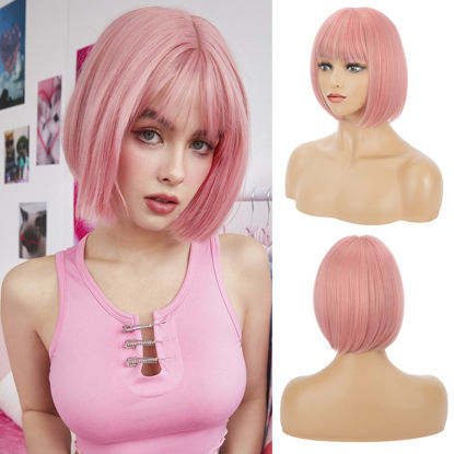 Picture of Bob Wig with Bangs, REECHO 11" Short Pink Bob Wigs with Bangs Synthetic Replacement Hair Wigs for Women - Light Pink