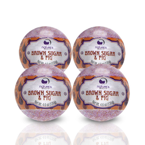 Picture of Nature's Beauty Brown Sugar & Fig Bath Bomb Multi-Pack - Natural Hand Crafted, Non-Staining, Luxury Fizzy Spa Bomb, Moisturize Dry Skin, Made w/ Orange Extract + Coconut Oil, 4.6 oz (4 Pack)