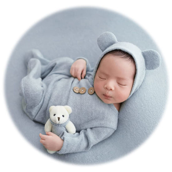 Newborn Photography Outfit Set With Bear Hood - Knitted Romper & Hat For Baby Photo Shoots (0-1 Month)