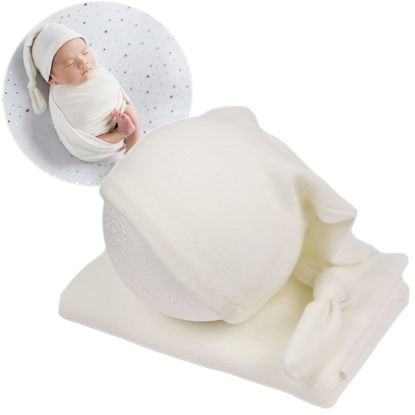 Picture of Zeroest Newborn Photography Wraps with Hat Baby Photo Outfit Girl Stretch Blanket Infant Boy Props for Baby Photo Shoot (White)