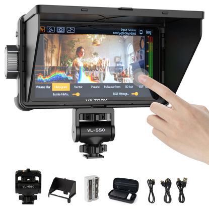 Picture of VILTROX 5.5 inch 1200 Nits Camera Field Monitor, Small HD 1920x1080 4K Touchscreen On-Camera DSLR Camcorder Video Monitor Kit with Sunshade Hood/Battery, 3D Lut HDMI Input Output DC 12V Type-C 5V in