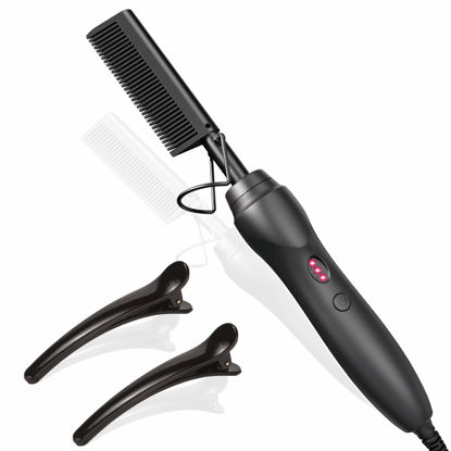 Picture of Hot Comb Hair Straightener Heat Pressing Combs - Ceramic Electric Hair Straightening Comb , Curling Iron for Natural Black Hair Beard Wigs Holiday Gift - Black 3 In1