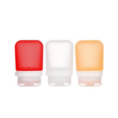 Picture of humangear GoToob+ 3-Pack (Small) | Refillable Silicone Travel Bottle | Locking Lid | Food-Safe Material, Clear/Red/Orange, Small (1.7 fl.oz; 53ml)