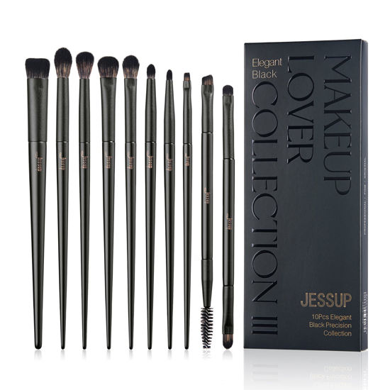 Picture of Eyeshadow Brush Set Jessup Eye Makeup Brushes Professional 10Pcs Blending Brush Eye Shadow Liner Brush Crease Brush Duo-end Brow Brush, Elegant Black T337