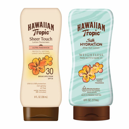Picture of Hawaiian Tropic SPF 30 Broad Spectrum Sunscreen and After Sun Pack with 8oz Sheer Touch Moisturizing Sunscreen Lotion and 6oz Silk Hydration Weightless After Sun Lotion