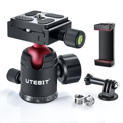 Picture of UTEBIT Mini Ball Head, 360° Panoramic Tripod Head with 1/4" Screw 3/8" Thread Mount, Metal Quick Release Plate Compatible with Arca Swiss for Video Cameras DSLR Cameras Loading 11.02lb