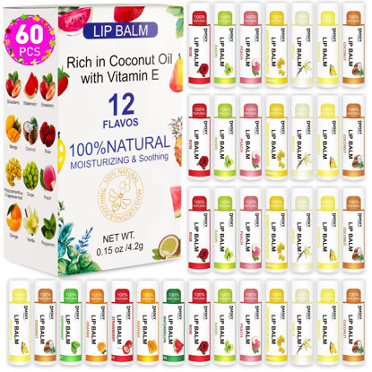 Picture of DMSKY 60-Pack Vitamin E Lip Balm in Bulk with Coconut Oil -100% Natural Ingredients- Moisturizer Treatment - Moisturizing, Soothing, Chapped Lips. Assortment of 12 Flavors
