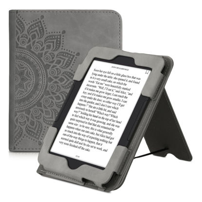 Picture of kwmobile Case Compatible with Barnes & Noble Nook Glowlight 4 / 4e - Synthetic Nubuck Leather Cover with Magnetic Closure, Kickstand, Hand Strap, Card Slot - Rising Sun Grey