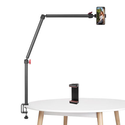 Picture of JEBUTU Overhead Phone/Camera Desk Mount Stand, Webcam Stand Camera Boom Arm for Lightweight Camera, LED Light, Webcam, Microphone, Smartphone