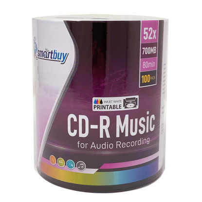 Picture of 100 Pack Smartbuy Digital Audio CD-R Music 52X 700MB/80Min White Inkjet Hub Printable Blank Recordable Disc