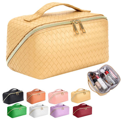 Picture of ZAUKNYA Travel Cosmetic Bag - Large Capacity Organizer Makeup Bag, Portable Leather Waterproof Women, with Handle and Divider Flat Lay Checkered (mango yellow)