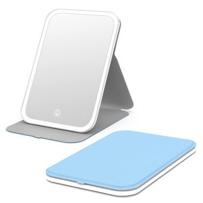 Picture of Kintion Travel Makeup Mirror, Portable LED Lighted Makeup Mirror, 360° Rotation Touch Screen Vanity Mirror, 60 LEDs, 3-Color Dimmable Lighting, Rechargeable Tabletop Folding Cosmetic Mirror, Blue