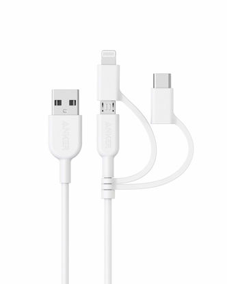 Picture of Anker Powerline II 3-in-1 Cable, Lightning/Type C/Micro USB Cable for iPhone, iPad, Huawei, HTC, LG, Samsung Galaxy, Sony Xperia, Android Smartphones, and More(3ft, White)