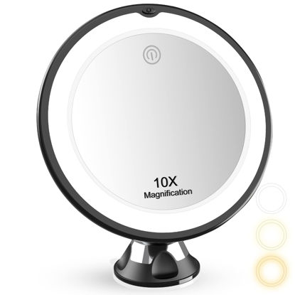 Picture of 10X Magnifying Makeup Mirror with Lights, Vanity Mirror with 3 Color Lighting, 360 Degree Rotation, Intelligent Switch, Powerful Suction Cup Bathroom Shower Mirror, Portable for Traveling