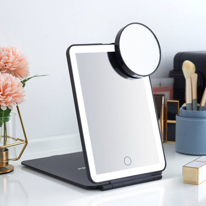 Picture of LED Foldable Travel Makeup Mirror - 5x7 inches 3 Colors Light Modes USB Rechargeable Touch Screen, Portable Tabletop Cosmetic Mirror for Travel, Cosmetic, Office (Black)