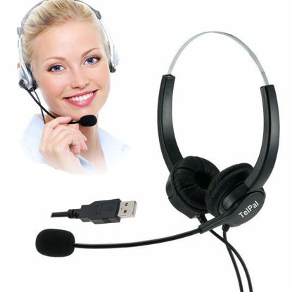 Picture of TelPal Corded Hands-Free Call Center Noise Cancelling Binaural USB Headset Headphones with Mic/Microphone - Cord with USB Plug, Volume Control- for Computer/PC/Laptop Use Only