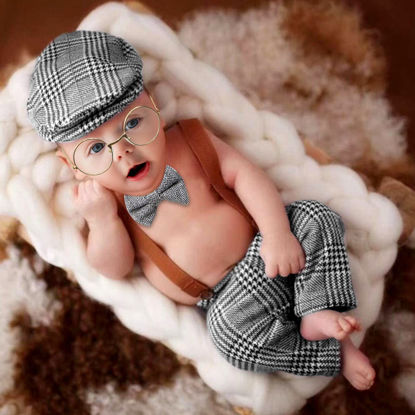 Picture of SPOKKI 4 Pcs Newborn Baby Photo Props, Lattice Rompers Suspender Pants with Beret Glasses Bow Tie for Infant Boys' Costumes, Newborn Boy Photography Outfit Set, Checked Fabric Gentleman Suit (Grey)