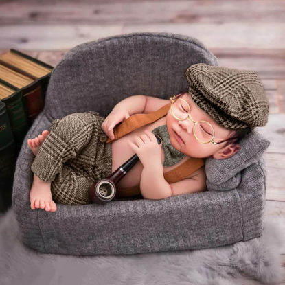 Picture of SPOKKI 4 Pcs Newborn Baby Photo Props, Lattice Rompers Suspender Pants with Beret Glasses Bow Tie for Infant Boys' Costumes, Newborn Boy Photography Outfit Set, Checked Fabric Gentleman Suit (Brown)