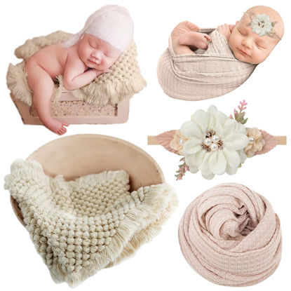 Picture of SPOKKI 3 Pcs Newborn Photography Props Outfits Set, Knitted Blanket for Baby Photo Props, Beige Elastic Wrap for Photoshoot, Flower Headband for Infant Boys Girls, Baskets Filler Posing Props