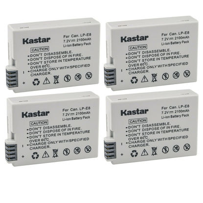 Picture of Kastar 4-Pack Battery Replacement for Canon LP-E8, LPE8 Battery, LC-E8ECharger, EOS 550D, EOS 600D, EOS 700D, EOS Rebel T2i, EOS Rebel T3i, EOS Rebel T4i, EOS Rebel T5i Camera and BG-E8 Grip