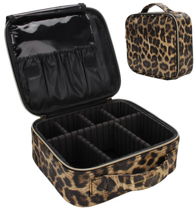 Picture of Relavel Travel Makeup Train Case Makeup Cosmetic Case Organizer Portable Artist Storage Bag with Adjustable Dividers for Cosmetics Makeup Brushes Toiletry Jewelry Digital Accessories (Leopard)
