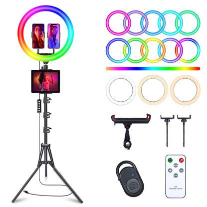 Picture of 12" Selfie Ring Light with 63" Tripod Stand & 2 Phone Holder, LED Camera Ringlight with 48 RGB Colors Modes & Musical Rhythm Mode and 12 Brightness Dimmable for TikTok/Makeup/Photography/Vlog