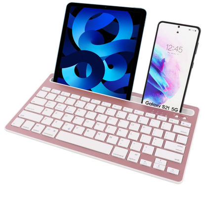 Picture of Bluetooth Keyboard,Multi-Device Rechargeable Wireless Keyboard Switch to 2 Devices with Integrated Stand Holder for iPad Tablet Smartphone MacBook Android iOS Windows (Rose Pink)