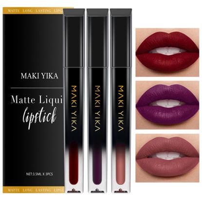 Picture of MAKI YIKA 3Pack Matte Liquid Lipstick Makeup Set, Dark Red Purple Nude Lipstick Long Lasting, Smudge Proof Non Transfer Lip Stain Waterproof & Cruelty Free