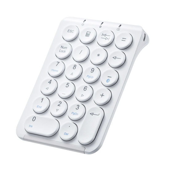 Picture of SANWA Bluetooth Numeric Keypad, Rechargeable Wireless Ten Key Number Pad, 22-Key Portable & Slim Financial Accounting Numpad for Laptop Computer, Compatible with MacBook, Windows, Android, iOS, White