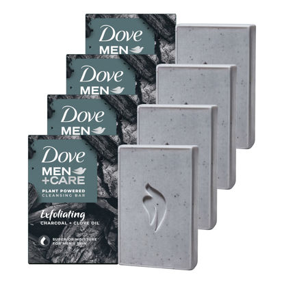 Picture of Dove Men+Care Natural Essential Oil Bar Soap Exfoliating Charcoal + Clove Oil 4 Count To Clean And Hydrate Mens Skin 4-in-1 Bar Soap For Men's Body, Hair, Face And Shave 5oz