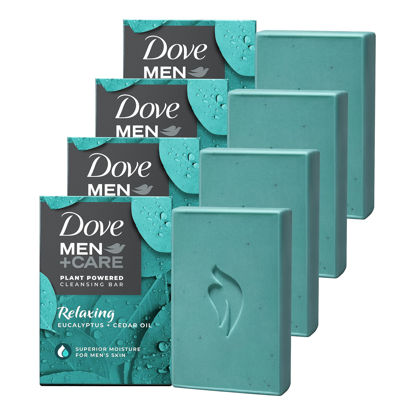 Picture of Dove Men+Care Natural Essential Oil Bar Soap Relaxing Eucalyptus Oil & Cedar Oil 4 Count To Clean And Hydrate Mens Skin 4-in-1 Bar Soap For Men's Body, Hair, Face, And Shave 5oz